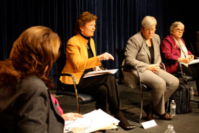 Former president of Ireland Mary Robinson talks as other panelists look on at the Aspen Event